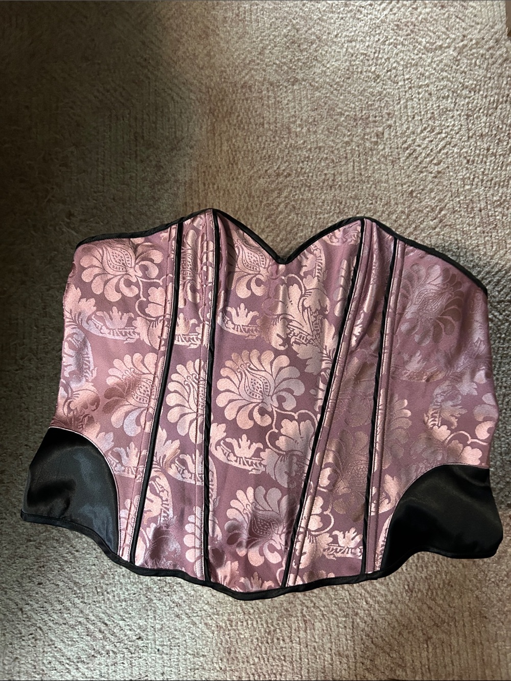 Strapless Pink Floral Satin Bandeau Corset with Black Trim